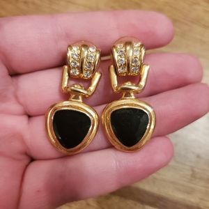 Vintage Gold Tone Black Enamel Earrings